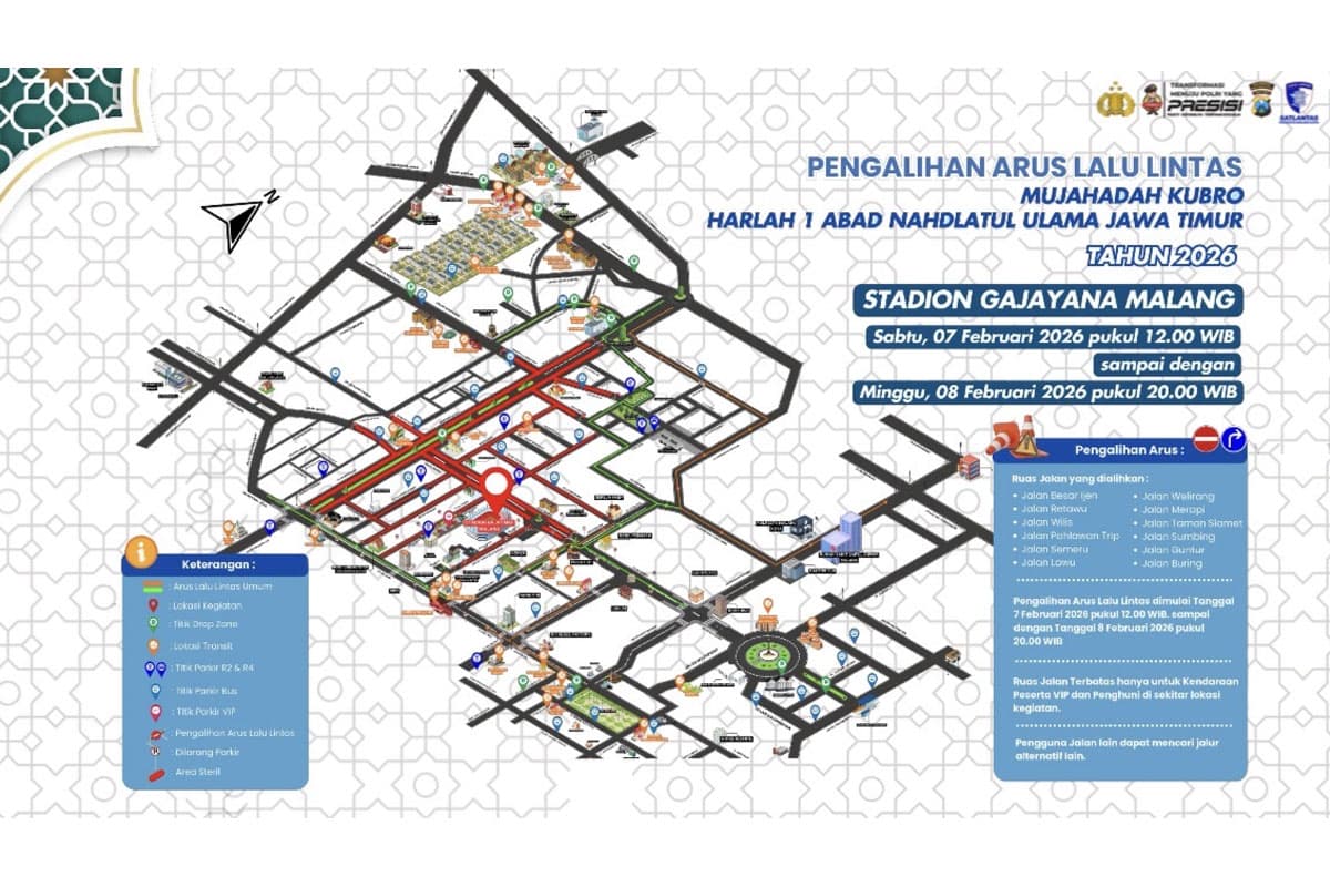Rekayasa Lalu Lintas Harlah 1 Abad NU di Malang, 12 Ruas Jalan Sekitar Stadion Gajayana Ditutup